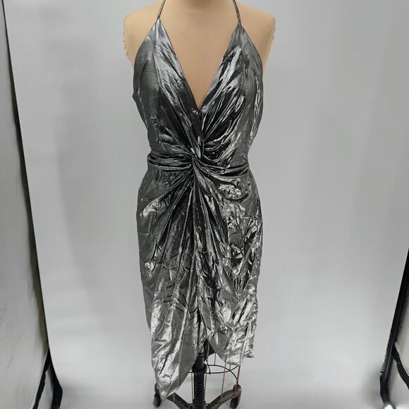 Sheike V-Cut Silver Bodycon Twist Knot Waistline Mini Dress Women's 8 metallic - Picture 7 of 16